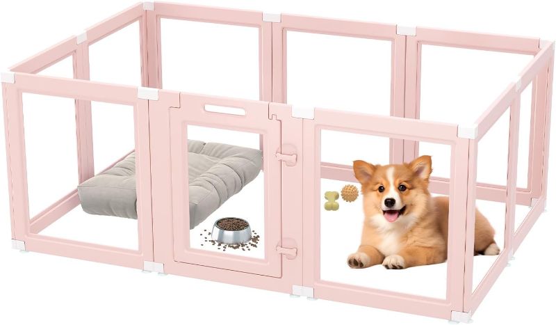 Photo 1 of DIY Clear Acrylic Dog Playpen Indoor, Transparent Easy Cleansing Puppy Fence with Suction Cup, Easy-Assemble Indoor Whelping Crate for Small Puppies (23.6" H, 10PCS), Pink
