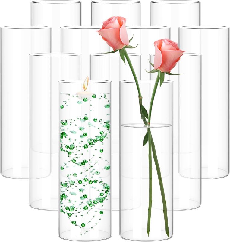 Photo 1 of 12 Pack Glass Cylinder Vases 10 Inch Tall Clear Flower Vase for Centerpieces, Hurricane Floating Candle Holder Wedding Decorations, Floral Vase Bulk for Table Shelf Party Home Deco (10 x 3.35 Inch)
