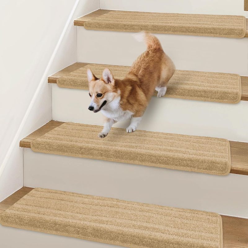 Photo 1 of Bullnose Stair Treads Non Slip , 14 Pcs Carpet Stair Treads for Wooden Steps Indoor with Edge Protection, Reusable Peel and Stick TPU Backing Stair Runner Rugs - Line Pattern Beige
