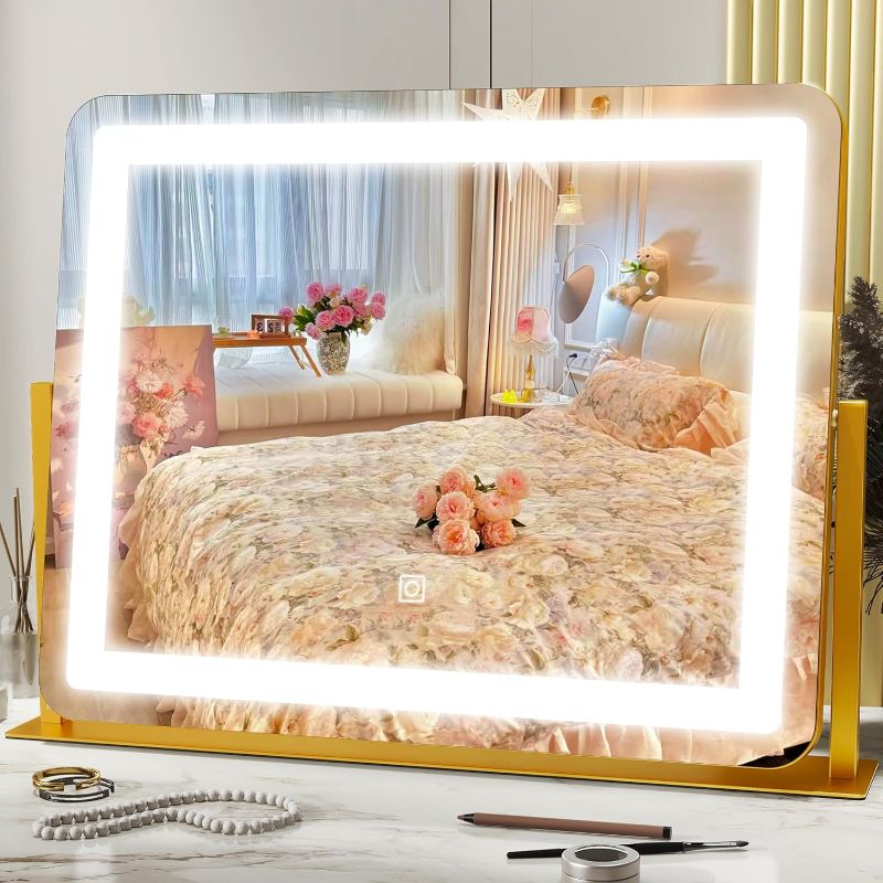 Photo 1 of HNV Gold Vanity Makeup Mirror with Lights, Large Lighted Vanity Mirror, Dimmable LED with 3 Color Touch Lighting, Tabletop Mirror for Desk or Bedroom, 360° Rotation