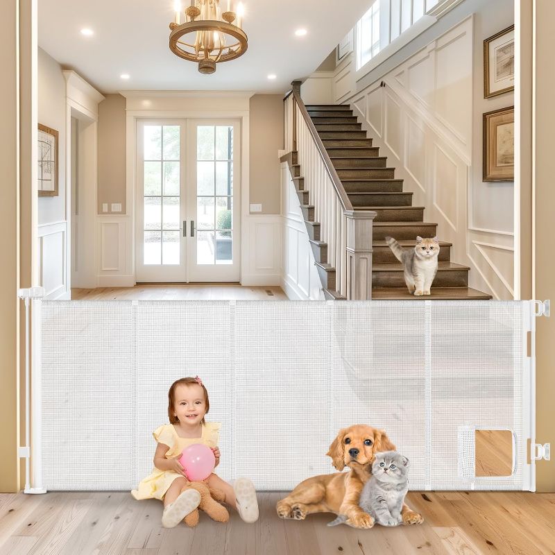 Photo 1 of Reinforced Extra Wide Pet Gate with Door Retractable Dog Gates for Doorways Extra Wide Baby Gates for Large Openings with Reinforced Strips 12.5ft Large Dog Gate with Cat Door, White
