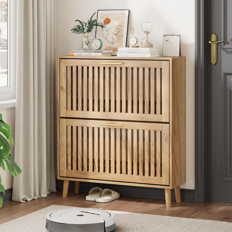Photo 1 of Might be Missing Parts** 
Shoe Storage Cabinet with Louvered 2 Flip Drawers, Narrow Shoe Cabinet Storage for Entryway, Freestanding Shoe Organizer Cabinet with Golden Handles, Slim Shoe Rack Cabinet 31.5in(Natural Wood)
