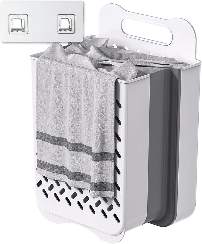 Photo 1 of Plastic Foldable Laundry Basket with Handle, 42L Wall Mounted Laundry Hamper Freestanding Dirty Clothes Hamper, Collapsible Laundry Baskets Pop Up Hamper Storage Container for Snacks Dolls

