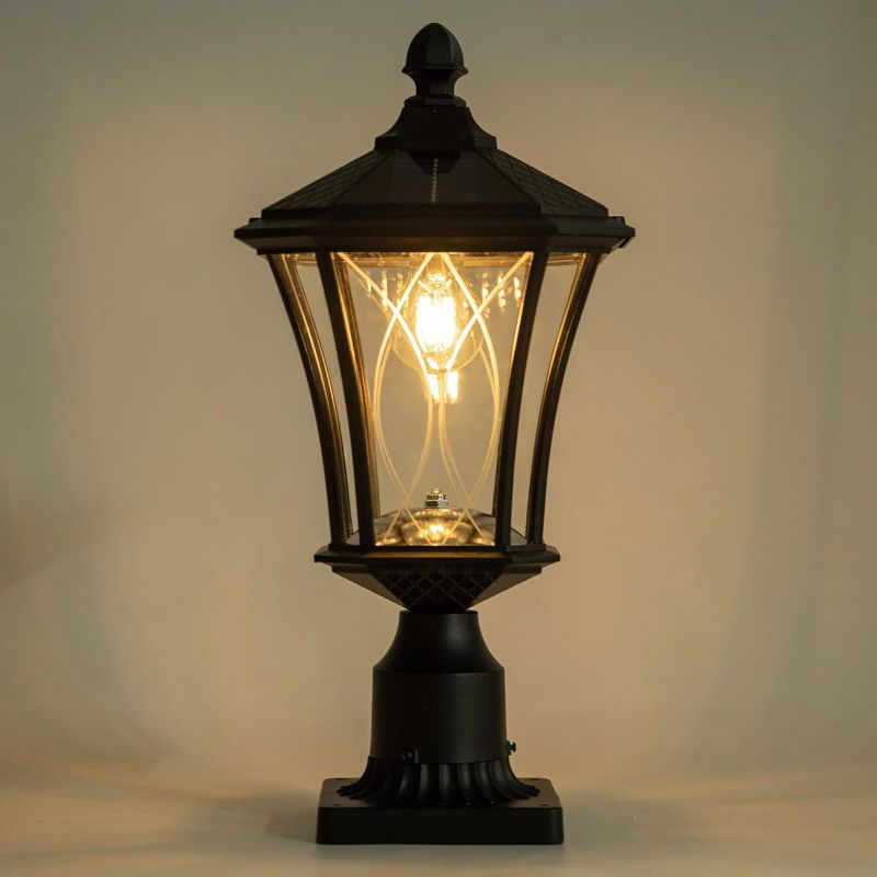 Photo 1 of LUTEC Outdoor Solar Lamp Post Light with Pier Mount Base, Dusk to Dawn Waterproof Pole Light Head with Patterned Glass, Exterior Black Solar Powered Fence Post Light Fixtures for Outside

