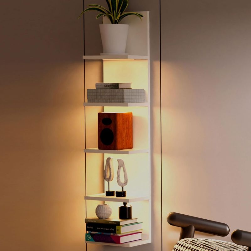 Photo 1 of Homaterial 5 Tier Wall Shelf with Light, White Modern Vertical Lack Wall Shelves, Wall Mount, Floating Column Home Decor Shelves for Bedroom, Living Room, Vanity Storage Display
