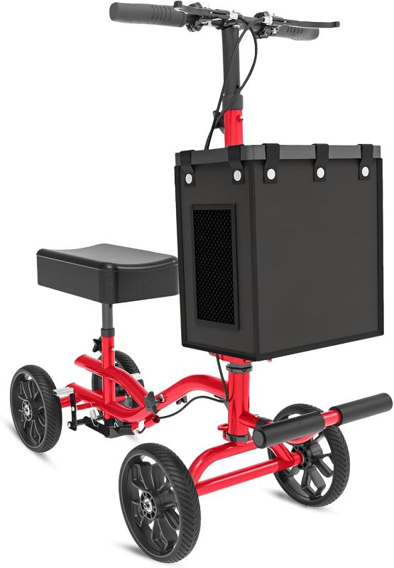Photo 1 of Lightweight Knee Scooter, Foldable & Adjustable Knee Scooter for Adults for Foot Surgery, Steerable Knee Walker with Detachable Basket, Includes DIY Stickers, Crutch Alternative-Hot Red
