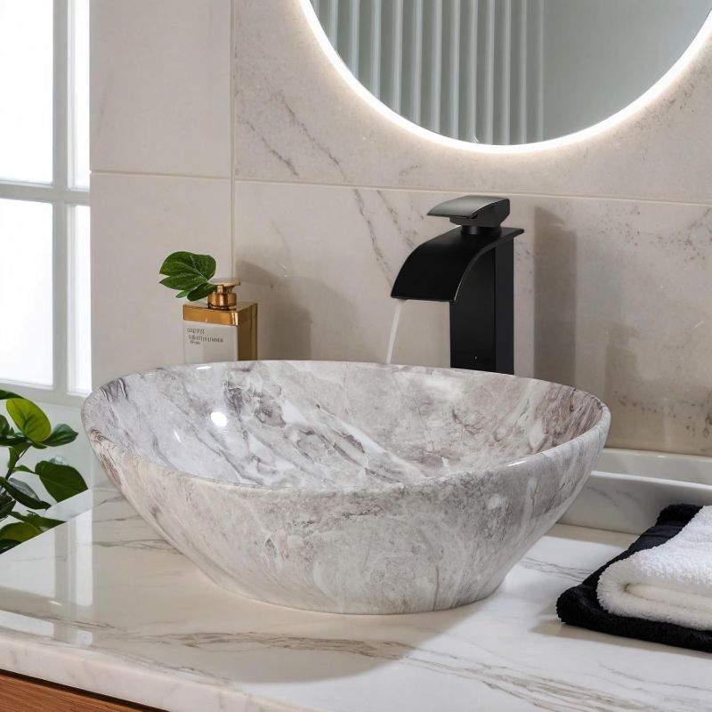 Photo 1 of Ceramic Vessel Sinks Oval Bathroom Sink Above Counter Vessel Sink with Faucet and Drain Combo 16 inch Marbling Vessel Bathroom Sinks Bowl
