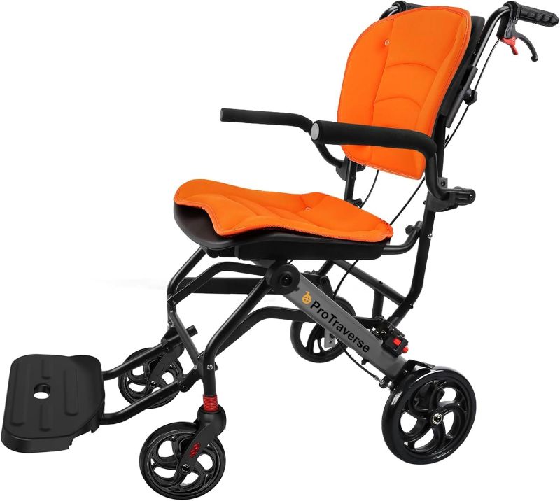 Photo 1 of Wheelchairs for Adults,Transport Wheelchair Lightweight Foldable with Removable Cushion,Transport Chair,Ergonimic Travel Wheelchair with Telescopic Handle,Orange
