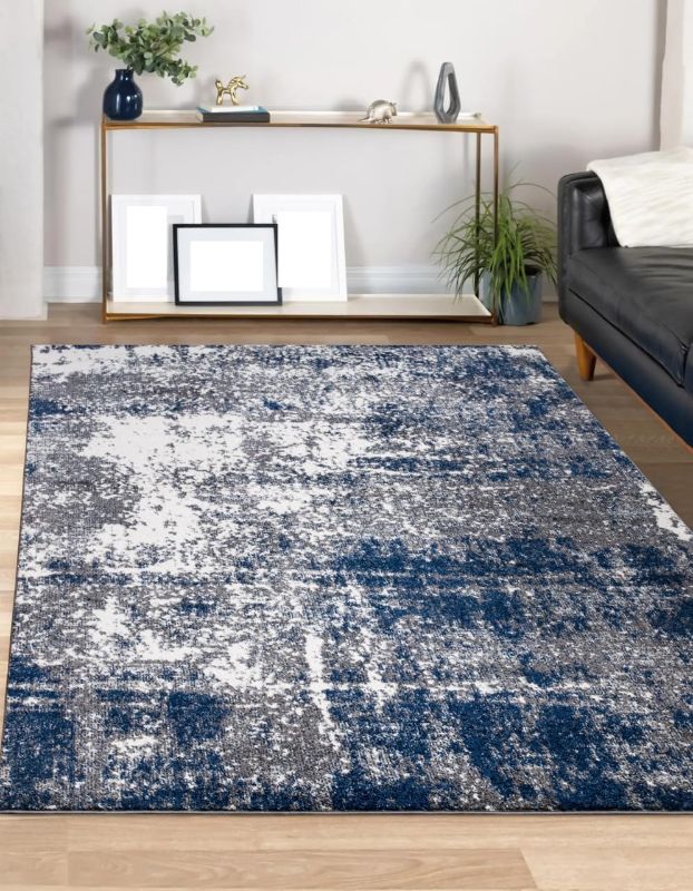 Photo 1 of Keen Home Design Area Rugs - 5x8 Non-Shedding, Abstract Rugs for Kitchen, Living Room, Bedroom, Dining Room, Entryway - Size: 5'3" x 7'7", Navy/Grey/White
