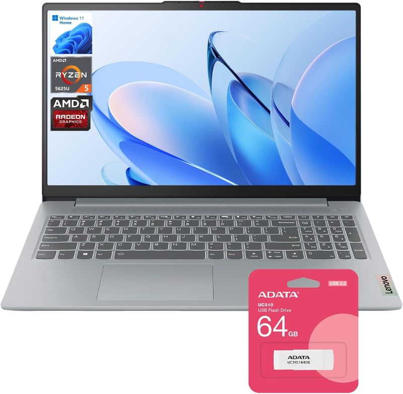 Photo 1 of Lenovo IdeaPad Slim 3 Laptop, 15.6" FHD Display, AMD Ryzen 5 5625U, 16GB RAM, 512GB SSD, Backlit KB, SD Card Reader, Bundle with UC310 64GB USB Flash Drive
