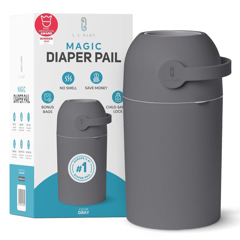 Photo 1 of L.A. Baby Magic Diaper Pail - Patented 100% Odor-Free System with Child-Safe Lock - Award-Winning Design - No Refills Required - Works with Regular Trash Bags - Gray
