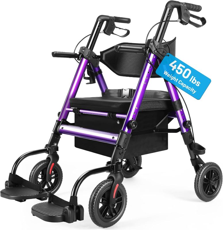Photo 1 of Heavy Duty Rollator Walker for Seniors with Seat, Foldable 2 in 1 Rolling Walkers Wheelchair Combo for Adult, All Terrain Wheels, Adjustable Transport Chair with Brake, 450 lb. Weight Capacity, Purple
