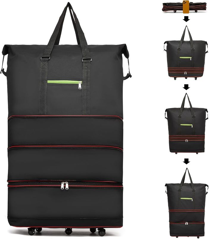 Photo 1 of Foldable Duffel Bag, Large Collapsible Luggage, Waterproof Expandable Carry-On Duffle Bag with Rolling Wheels and Handle, Black
