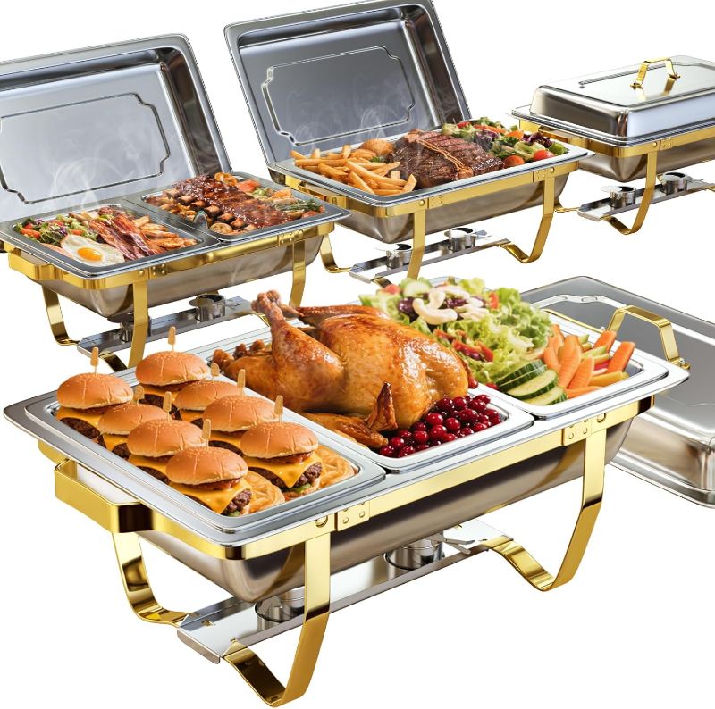 Photo 1 of Chafing Dishes for Buffet 4 Pack 7pan, 9QT [Elegant Gold and Silver Colors] Stainless Steel Chafing Dish Buffet Set [Sturdy and High Grade] Chafers and Buffet Warmers Sets

