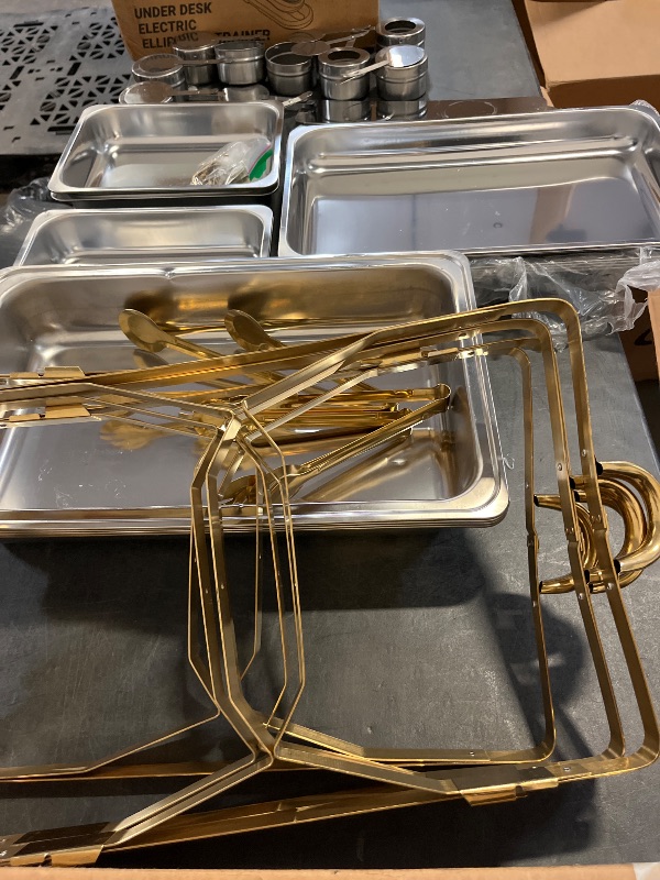 Photo 1 of Chafing Dishes for Buffet 4 Pack 7pan, 9QT [Elegant Gold and Silver Colors] Stainless Steel Chafing Dish Buffet Set [Sturdy and High Grade] Chafers and Buffet Warmers Sets
