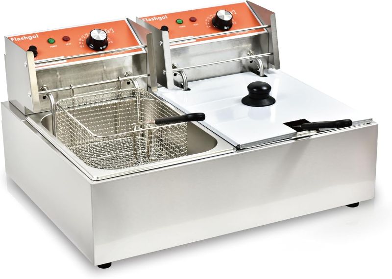 Photo 1 of Commercial Deep Fryer with Basket 6-12L Capacity Adjustable Temperature and Timer Stainless Steel With lid Suitable for home/commercial/camping/outdoor (Double fry basket + machine-17.5lbs)
