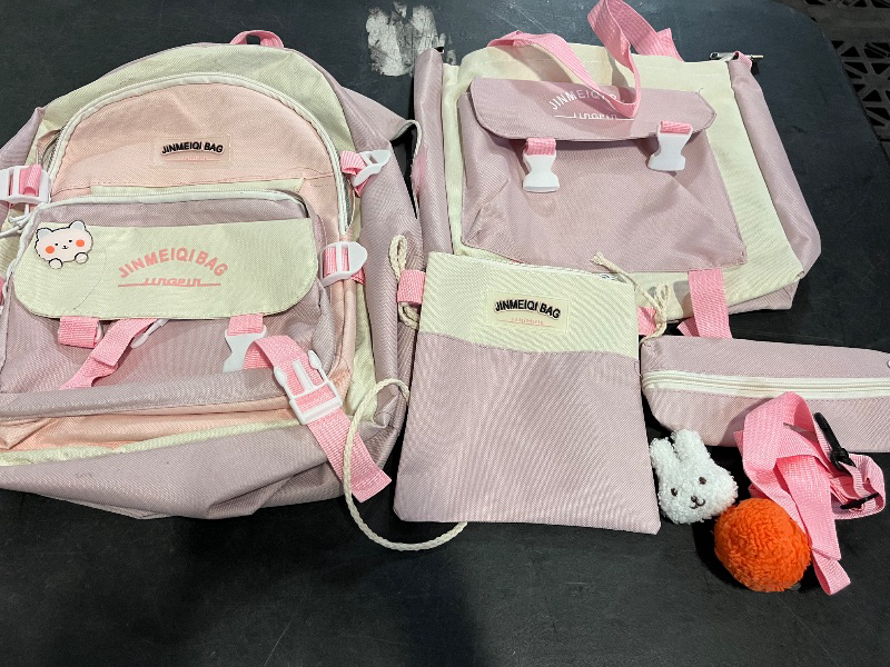 Photo 1 of 5Pcs Kawaii Cute Backpacks Combo Set with Bear Pendant & Pins - Back To School Supplies Patchwork Bunny Daypack Bag Kit (Pink)
