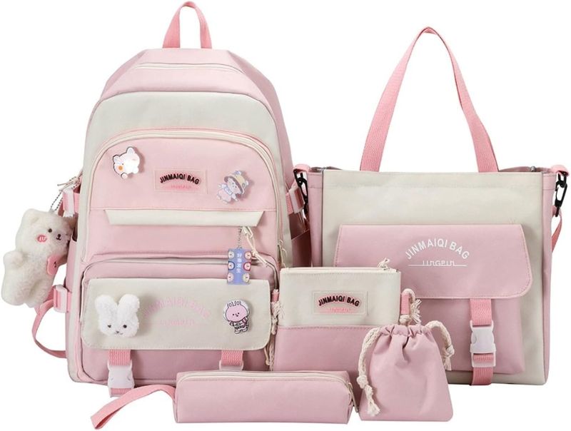 Photo 1 of 5Pcs Kawaii Cute Backpacks Combo Set with Bear Pendant & Pins - Back To School Supplies Patchwork Bunny Daypack Bag Kit (Pink)
