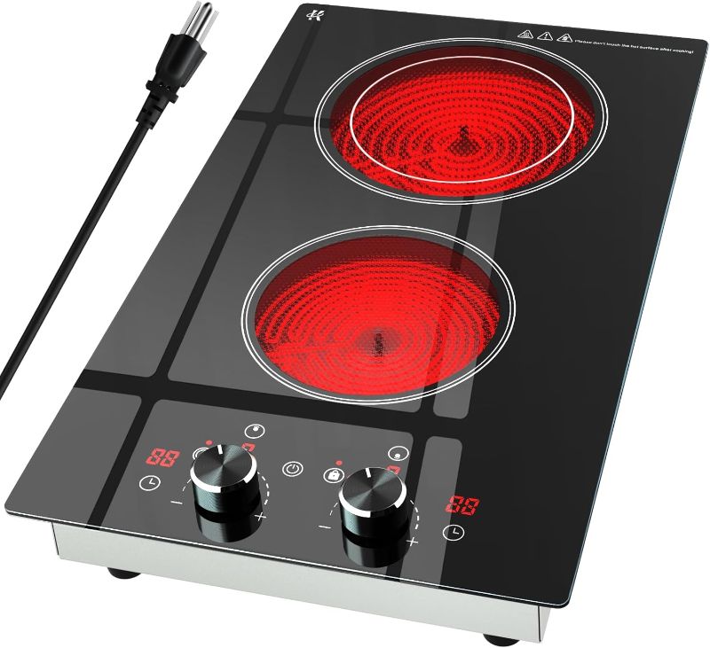 Photo 1 of 2 Burner Electric Cooktop 120V, 1800W Radiant Electric Stove Top with Countertop & Built-in Design, 12 inch Knob Control Ceramic Cooktop with Safety Lock, 9 Level Power, 99 Min Timer - Plug in
