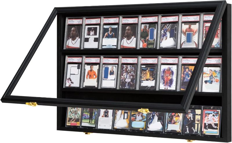 Photo 1 of Baseball Card Display Case 24 Graded Sport Card Display Case Wall Mount with Clear View and UV Protection Acrylic Door for Baseball Football Basketball Hockey Trading Card Collection, Black
