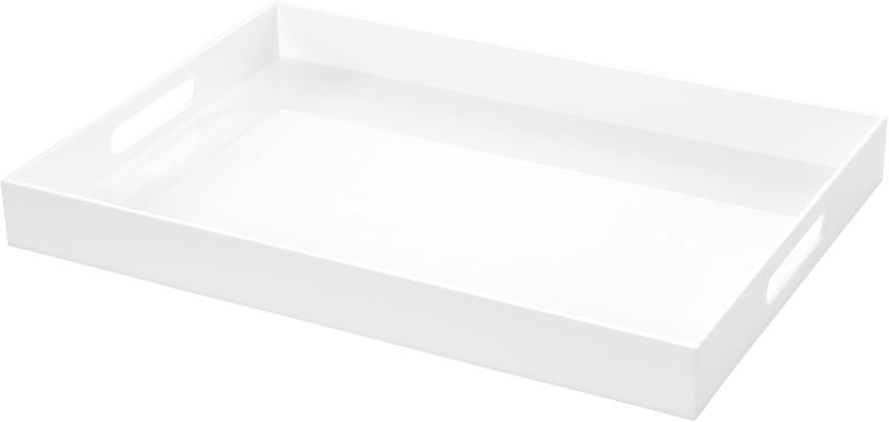 Photo 1 of White Rectangular 14x20 Inches Acrylic Ottoman Tray Decorative Serving Tray with Cutout Handles Organizer Tray on Coffee Table Countertop Big Breakfast Bed Tray Living Room Appetizer Serving Food
