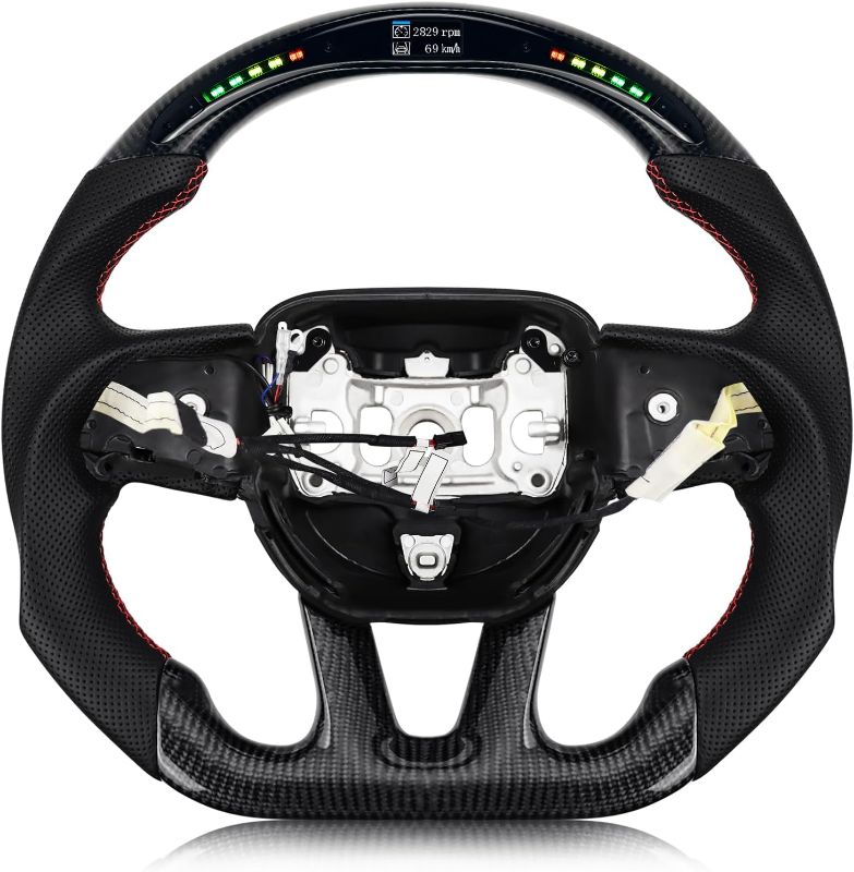 Photo 1 of Real Carbon Fiber Steering Wheel Red Stitching For Dodge Charger/Challenger/SXT/GT/RT/SRT/Heallcat D-shaped LED Shift Indicator Nappa Perforated Leather Flat-bottom Steering Wheel-With Heat
