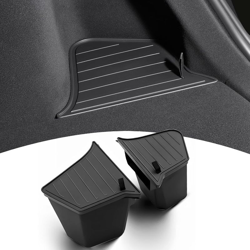 Photo 1 of Trunk Storage Bin for Tesla Model Y Juniper Rear Trunk Organizer Corner Storage Trunk Side Storage Packets for Tesla Model Y 5 Seater 2 tpe buckets with lids (new model 2025 2026 y Juniper)
