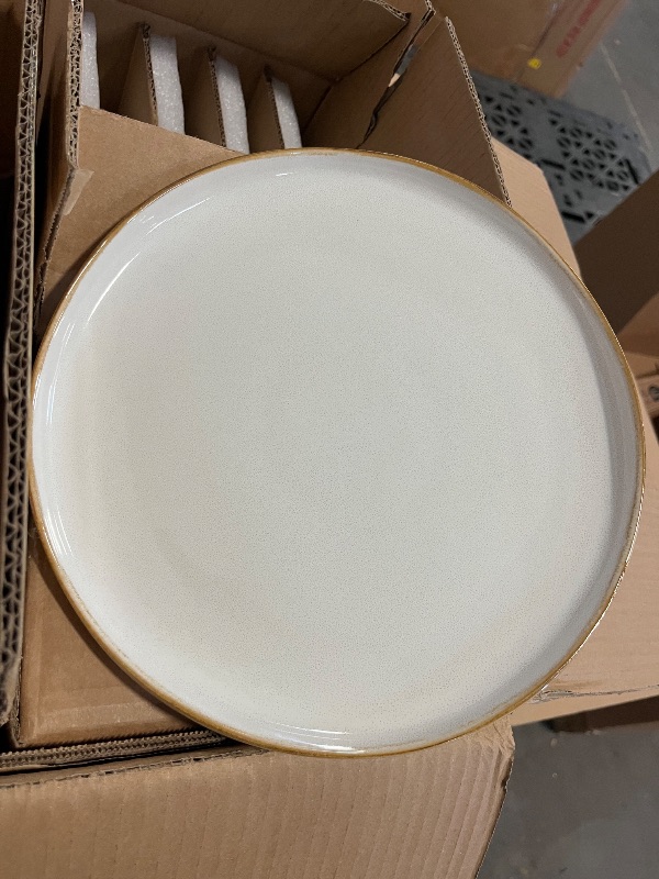 Photo 1 of 24 Piece White Ceramic Plates and Bowls Sets for 8, Reactive Glaze Stoneware with Coastal Line Look | Ideal for Holiday Entertaining, Thanksgiving, and Large Family Meals