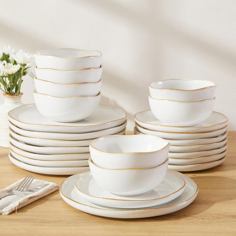 Photo 1 of 24 Piece White Ceramic Plates and Bowls Sets for 8, Reactive Glaze Stoneware with Coastal Line Look | Ideal for Holiday Entertaining, Thanksgiving, and Large Family Meals