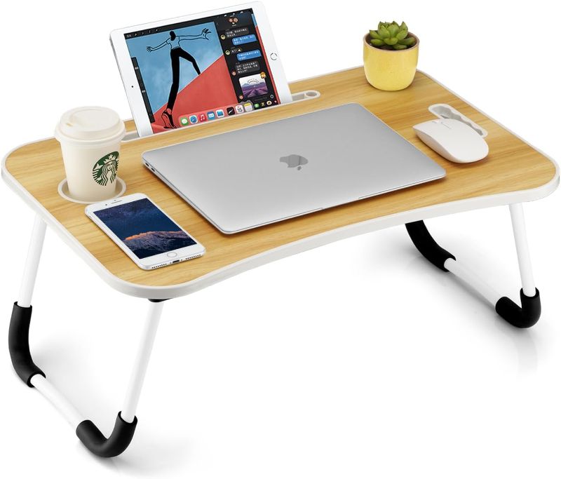 Photo 1 of Foldable Laptop Table, Portable Lap Desk Bed Table Tray, Laptop Stand with Cup Holder & Tablet Slot & Lifting Handle for Working Writing Drawing & Eating (Wood)
