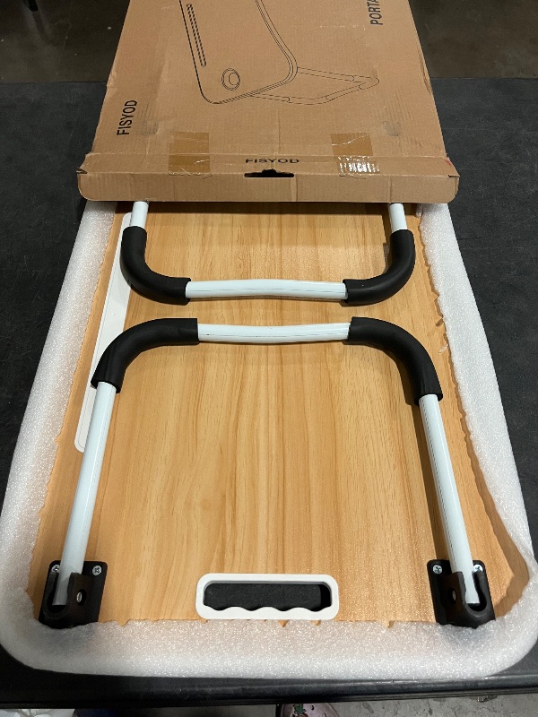 Photo 1 of Foldable Laptop Table, Portable Lap Desk Bed Table Tray, Laptop Stand with Cup Holder & Tablet Slot & Lifting Handle for Working Writing Drawing & Eating (Wood)
