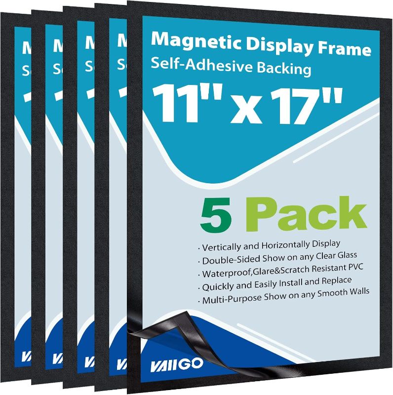 Photo 1 of 11"x 17" Self Adhesive Magnetic Sign Holder, Double Sided Window Magnetic Display Frame with Clear PVC and Strong Magnetic for Office/Store/Door/Glass/Refrigerator Display Frame(Black, 5Pack)
