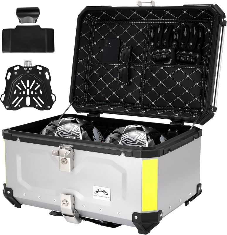 Photo 1 of Motorcycle Top Case, 65L Aluminum Motorcycle Top Box with Anti-Theft Lock System, Waterproof, Dustproof, Easy Installation with Universal Bracket, Back Cushion Included, Silver, GBTC-65S
