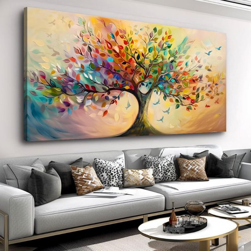 Photo 1 of Vibrant Tree of Life Wall Art Colorful Framed Canvas Print for Living Room, Bedroom, Dining Room, or Home Office Modern Ready to Hang Decor,Nature Inspired Home Decoration - 20"x40"