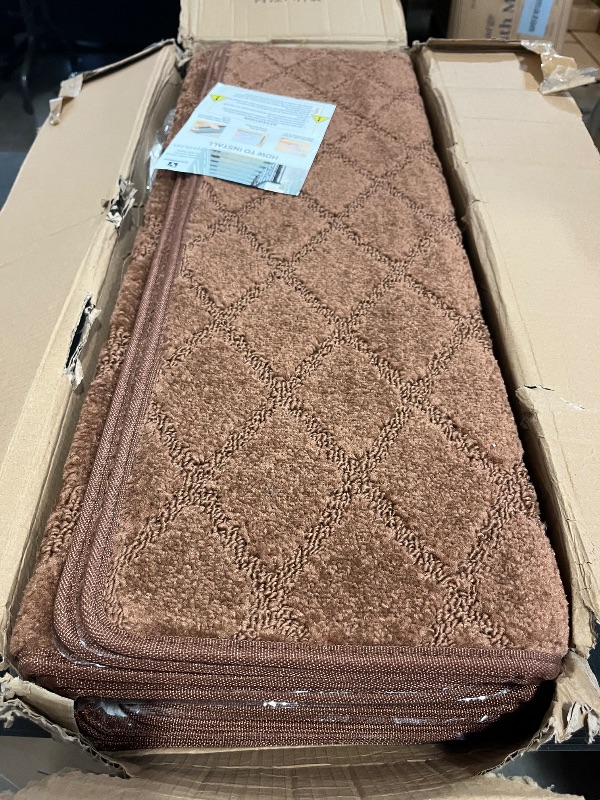 Photo 1 of Bullnose Stair Treads Non Slip 9.5" x 32", 14 Pcs Carpet Stair Treads for Wooden Steps Indoor with Edge Protection, Reusable Peel and Stick TPU Backing Stair Runner Rugs - Diamond Pattern Brown
