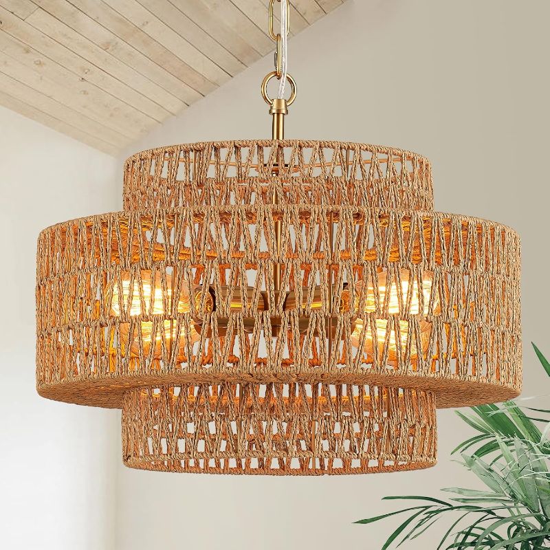 Photo 1 of Hand-Woven Rattan Chandelier Vintage 4-Light 17.7" Farmhouse Boho Bamboo Chandelier Light Fixture Retro 3-Tier Drum Wicker Rattan Golden Chandeliers for Dining Room, Kitchen Island, Bedroom
