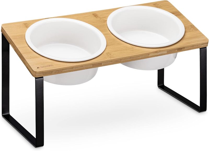Photo 1 of Navaris Dog Bowls with Stand - Large Double Stoneware Food Bowl Set for Dogs with Elevated Holder Made of Bamboo and Metal - 32 oz (950 ml) Capacity
