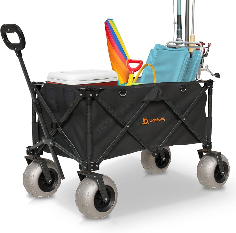 Photo 1 of Beach Wagon with 9" Balloon Wheels & Fishing Rod Holders – Foldable Cart for Sand with Inflatable Tires, Bonus Pump & Spare – Heavy Duty Utility Wagon - Black/Black
