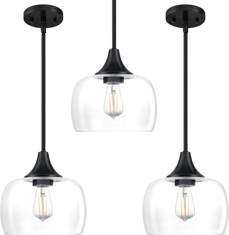 Photo 1 of 3 Pack 1 Light Hanging Indoor Kitchen Island Pendant Ceiling Light 8.2" Drum Clear Glass Shade Fixture,Black Finish Modern Farmhouse Dinning Over Sink Adjustable Rod
