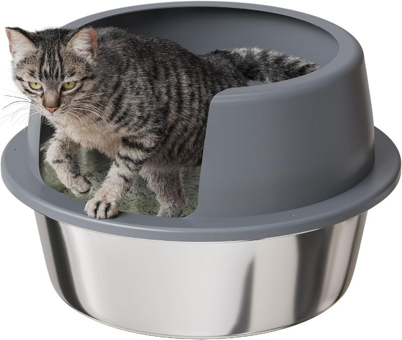 Photo 1 of Round High-Sided Stainless Steel Cat Litter Box,Stainless Steel Litter Box with Lid,Extra Large Box,Easy-to-Clean Metal Litter Pan for Cats
