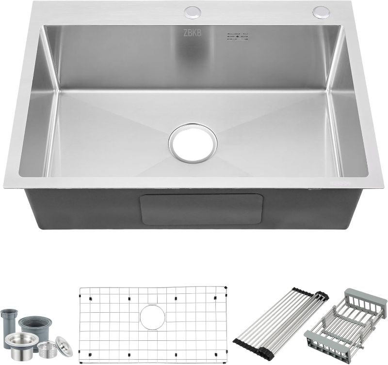 Photo 1 of 28 Inch Drop in Kitchen Sink, 16 Gauge Stainless Steel Single Bowl Topmount Kitchen Sink, 9 Inch Deep Sink with Dish Grid, Roll Drainer and Basket Strainer
