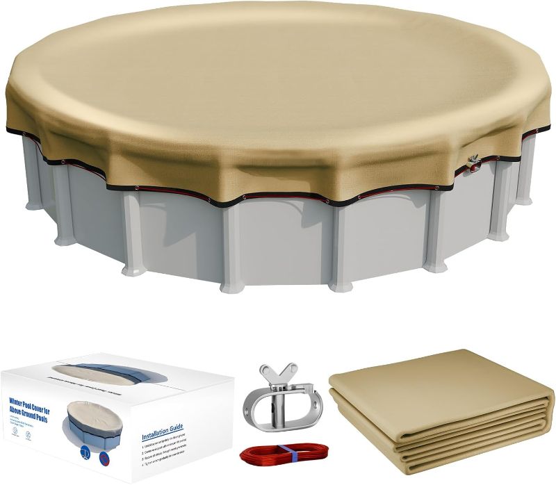 Photo 1 of [Upgraded] 18ft/21ft/24ft/28ft Round Winter Pool Covers for Above Ground Pool Cover 24FT Cover 4FT Overlap - 500D Windproof with Steel Cable & Heavy Duty Winch - Swimming Pool Winter Cover Beige

