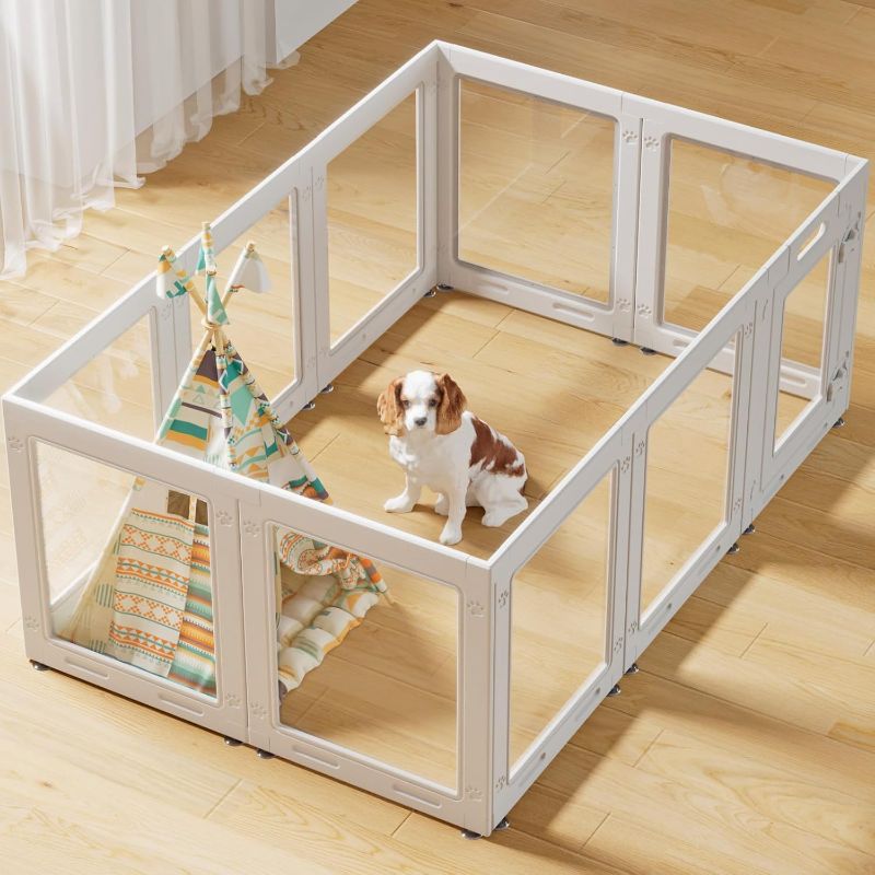 Photo 1 of Clear Acrylic Dog Playpen with Door,23.6" Puppy Playpen,Easy Assemble Pet Fence,10-Panel for Puppies/Small Dog Play Pen Indoor (White, 23.6 Inch-H, 10 Panel)
