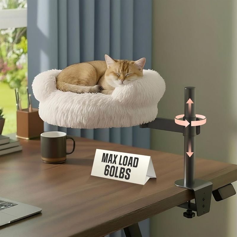 Photo 1 of Cat Desk Bed with 360° Rotation & Height Adjustment, 60LB Capacity – Ultra-Plush Desk Mounted Perch Attachment, Table Cat Bed for Computer Desk, Washable Fluffy Hammock