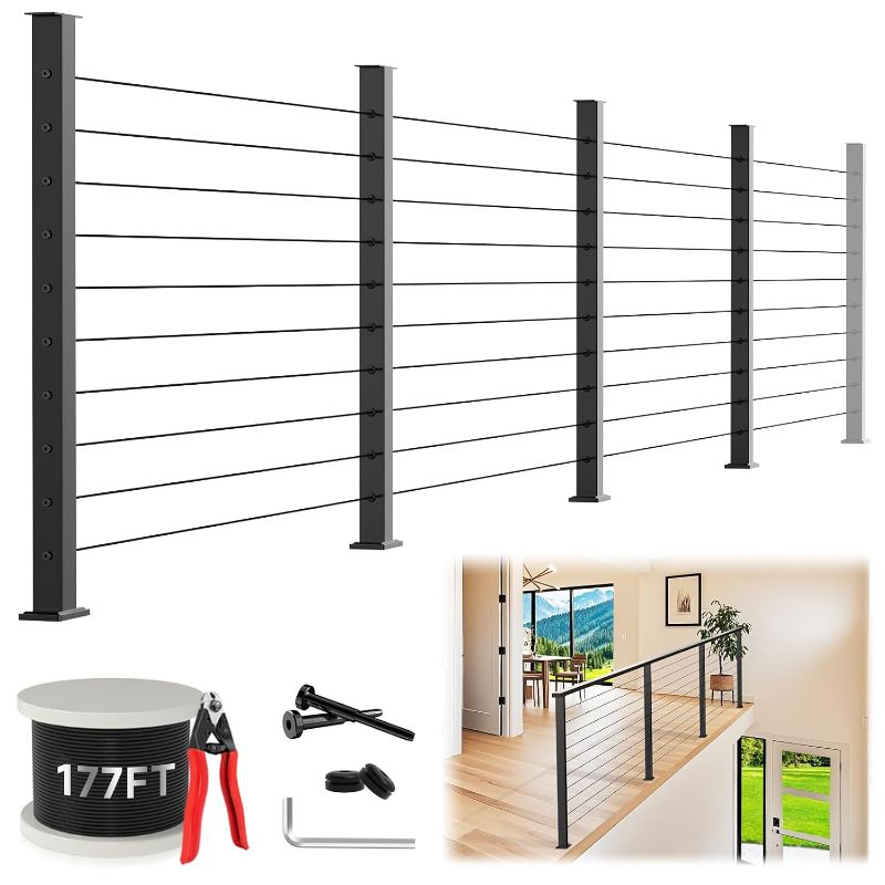Photo 1 of 36" Expandable 12-16FT Black T304 Cable Railing Post Kit, Complete Cable Railing System with 4 Level Posts & 177ft 1/8" Wire Rope(No Handrail), Adjustable Length Easy DIY for Decks/Porch
