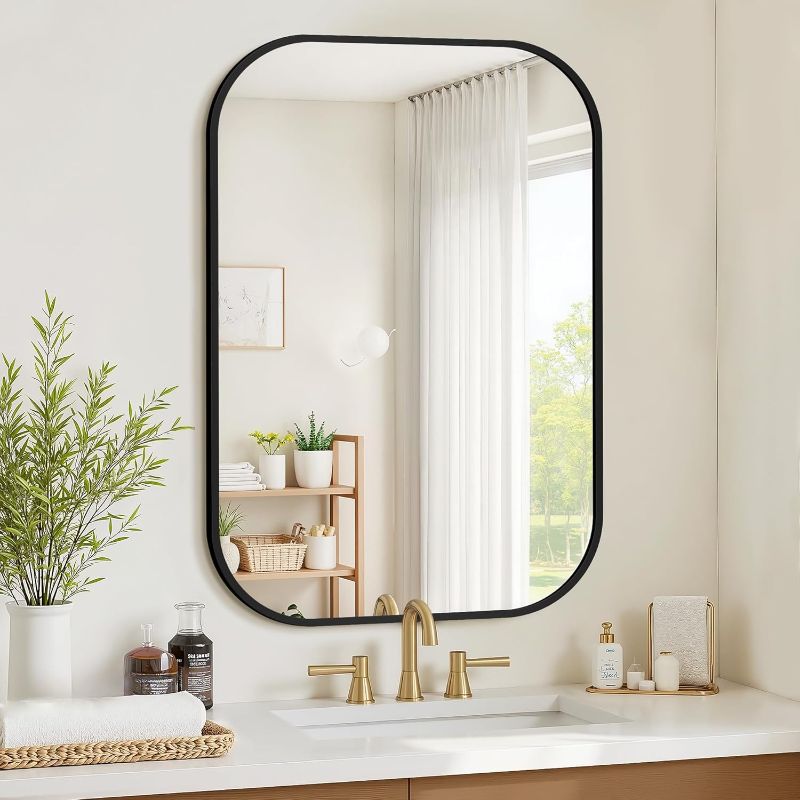 Photo 1 of Bathroom Mirror for Wall, Black Bathroom Vanity Mirror for Over Sink 24 x 36, HD Relection Shatterproof Mirror for Living Room Bedroom Entryway, Metal Frame Rectangular Shape