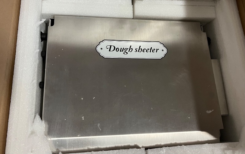 Photo 1 of Folding Dough Sheeter 12in Stainless Steel Manual Dough Sheeter for Homemade Fudge Crust Pizza Dough with 2 Sheeter Board & Thickness Adjustable 2.5-25MM (12in)