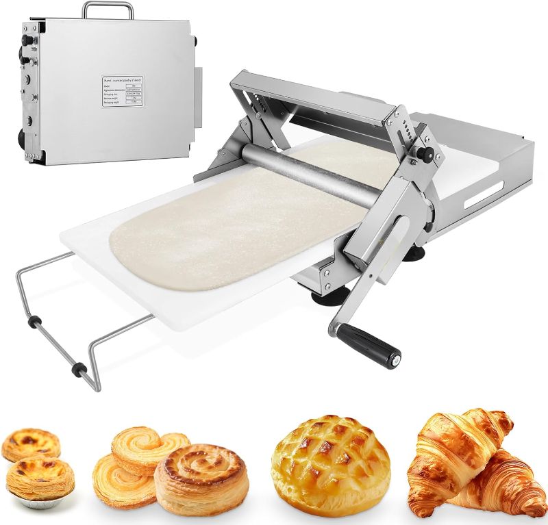 Photo 1 of Folding Dough Sheeter 12in Stainless Steel Manual Dough Sheeter for Homemade Fudge Crust Pizza Dough with 2 Sheeter Board & Thickness Adjustable 2.5-25MM (12in)
