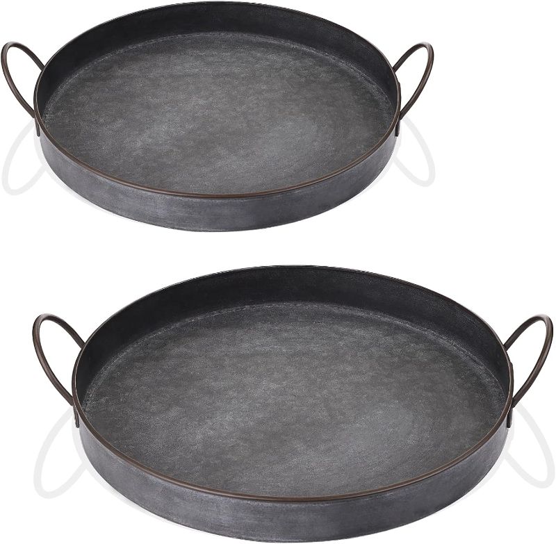 Photo 1 of Hipiwe Set of 2 Industrial Style Metal Iron Serving Tray with Handle, Rustic Galvanized Storage Tray Round Coffee Table Home Decor Centerpiece Tray, 13.6 inch and 12.2 inch