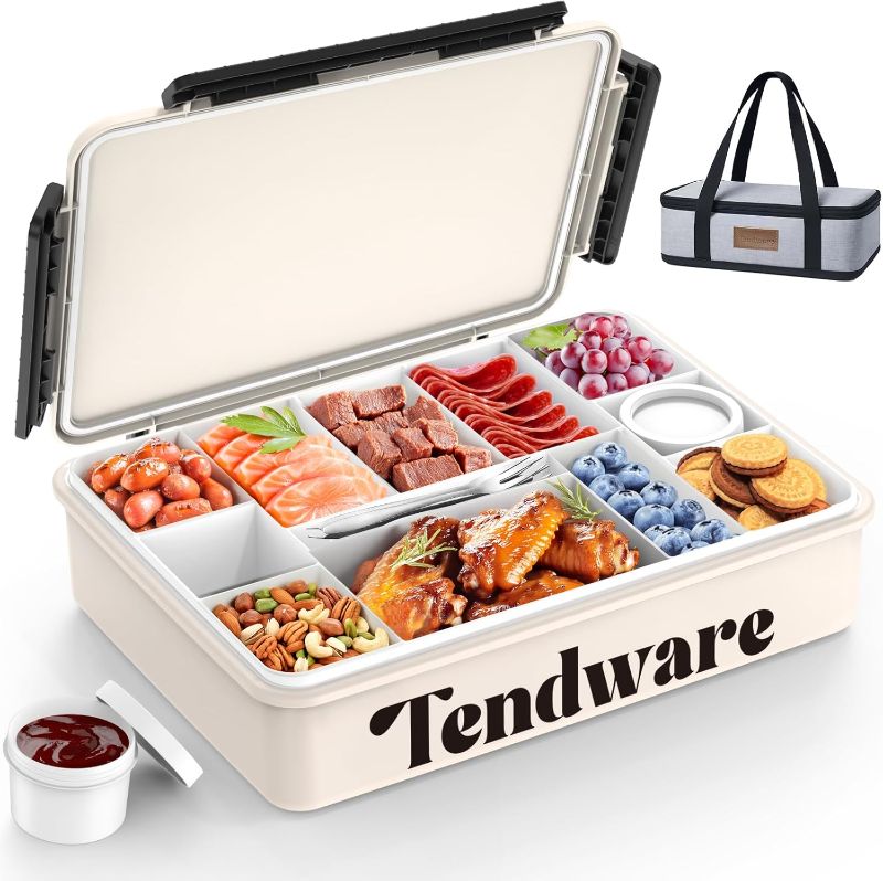 Photo 1 of Chilled Divided Serving Tray Snackle Box Container with Ice Pack Bonus Insulated Bag 2 Dip Containers Summer Beach Essentials for Charcuterie Snack Road Trip Picnic Family Party Keep Food Fresh